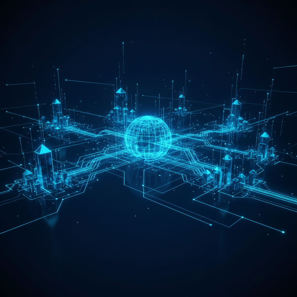 Cidade digital abstrata com vários nós interconectados, representando uma rede de sistemas multiagentes com fluxos de dados c