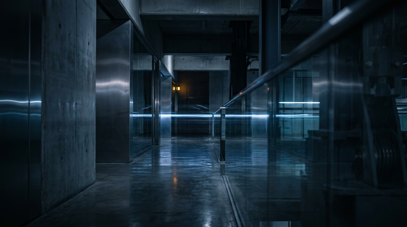 Corredor industrial escuro e abstrato, luz refletindo em superfícies molhadas, simbolizando desafios e riscos ocultos na enge