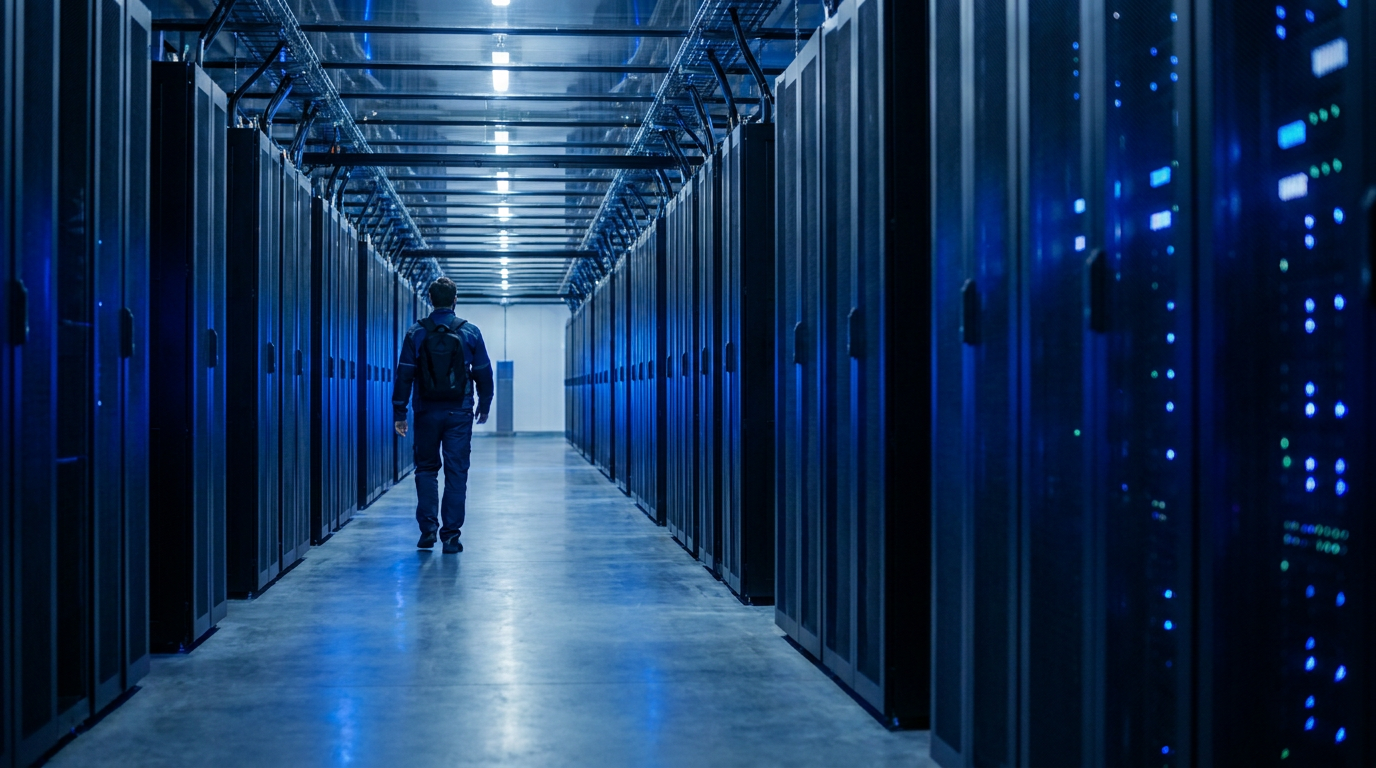 Racks de servidores em um data center moderno, iluminados por luz azul, simbolizando infraestrutura de IA escalável.