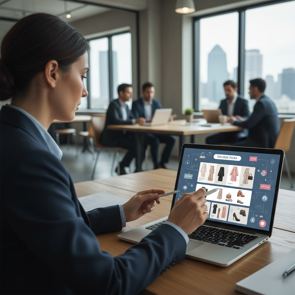 Cliente navegando em um site de e-commerce com recomendações de produtos personalizadas em um laptop.