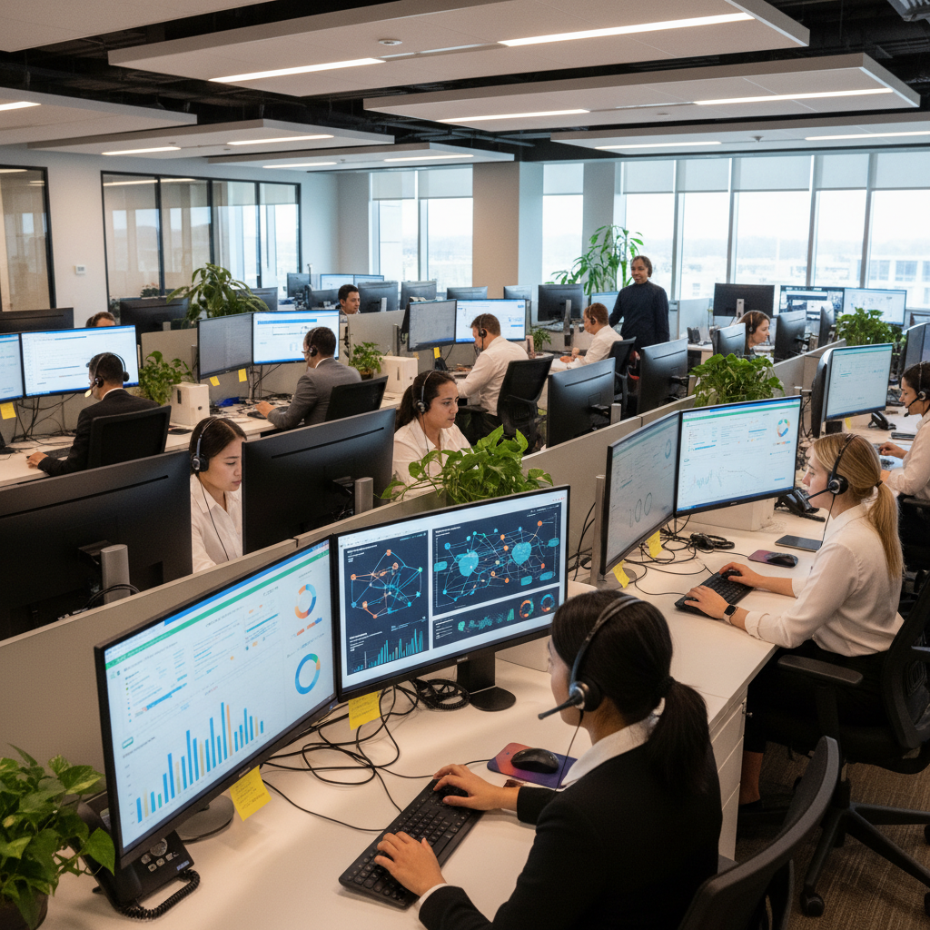 Central de atendimento bancário movimentada com agentes utilizando headsets e visualizando painéis de análise preditiva.