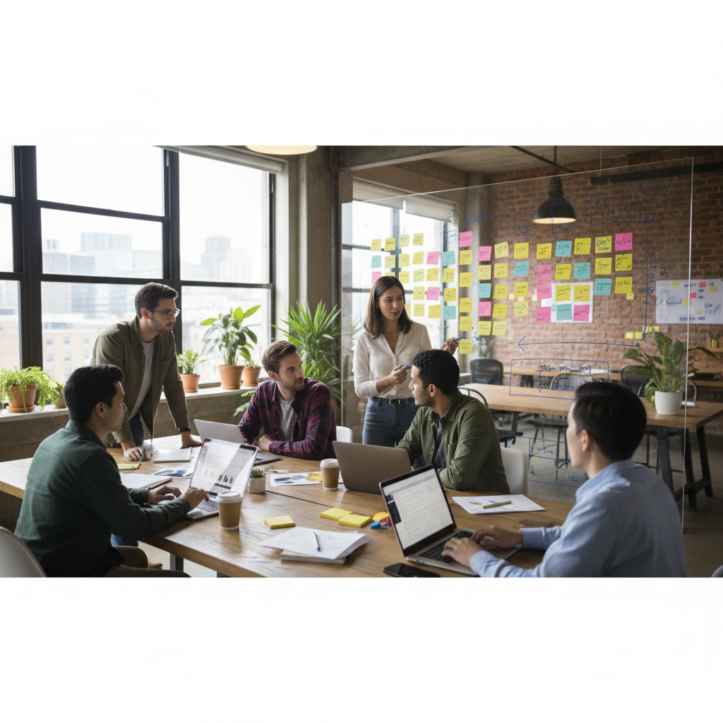 Equipe de marketing criativa fazendo brainstorming em um escritório aberto, usando um quadro branco com ideias e notas adesiv