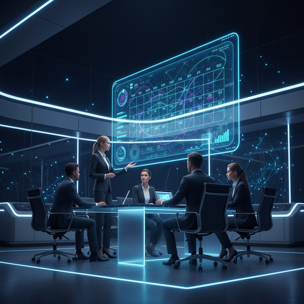 Grupo diverso de profissionais de negócios colaborando em uma sala de reunião moderna, com um calendário digital em uma tela,