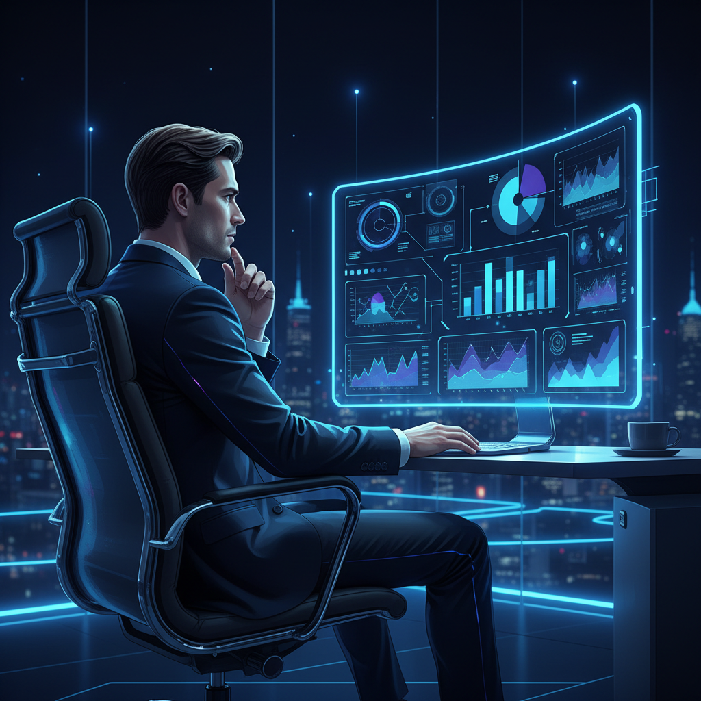 Executivo analisando um painel com gráficos e tabelas em uma tela de computador em um escritório moderno, representando a aná