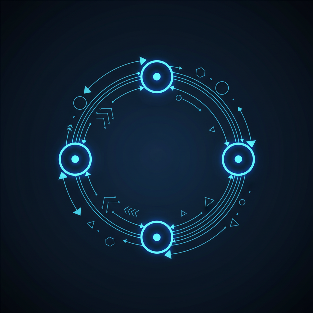 Ilustração abstrata de um loop de feedback contínuo em azul neon, representando a importância da iteração rápida e monitorame