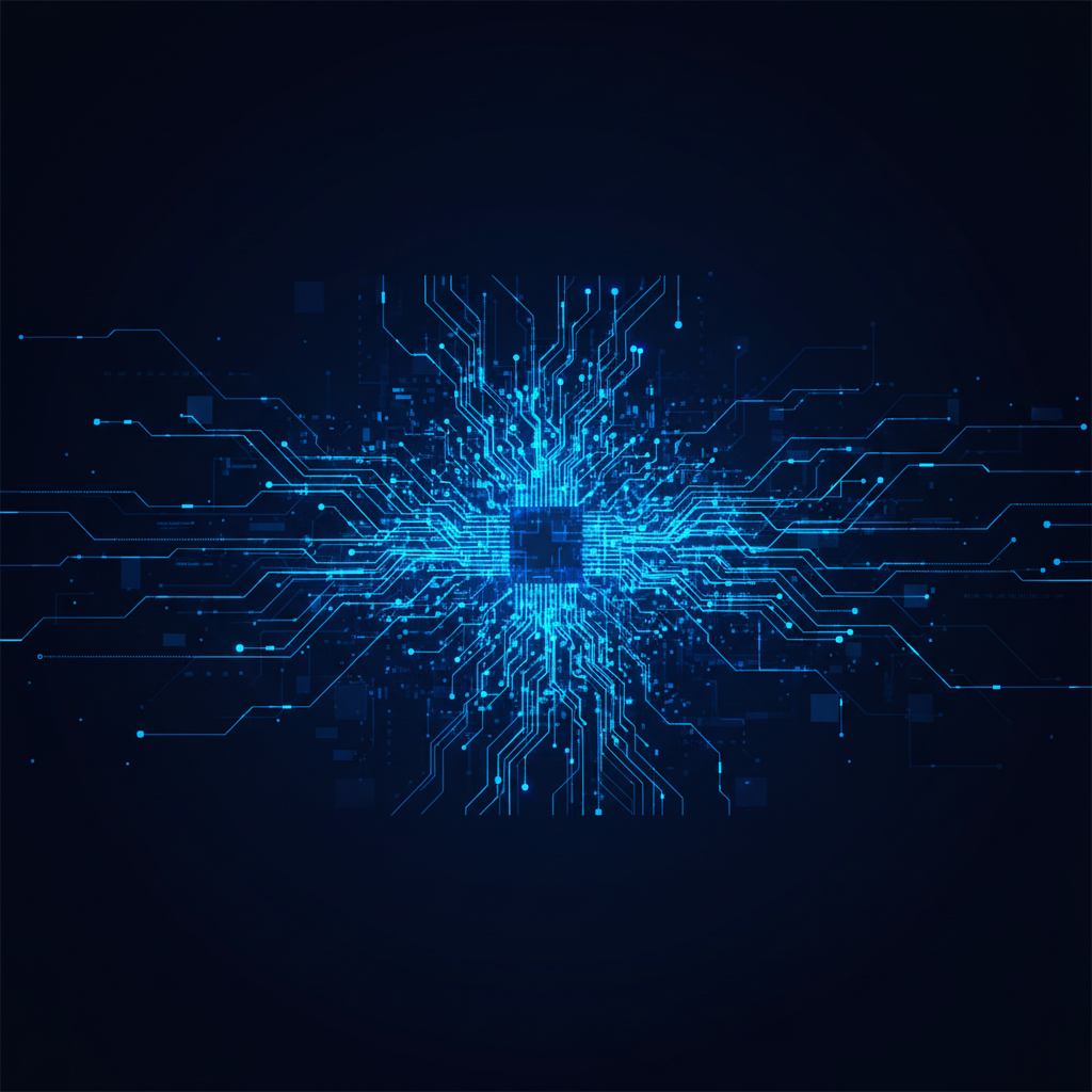 Circuito digital abstrato com nós brilhantes e fluxos de dados, representando a avaliação automatizada de LLMs por outros LLM