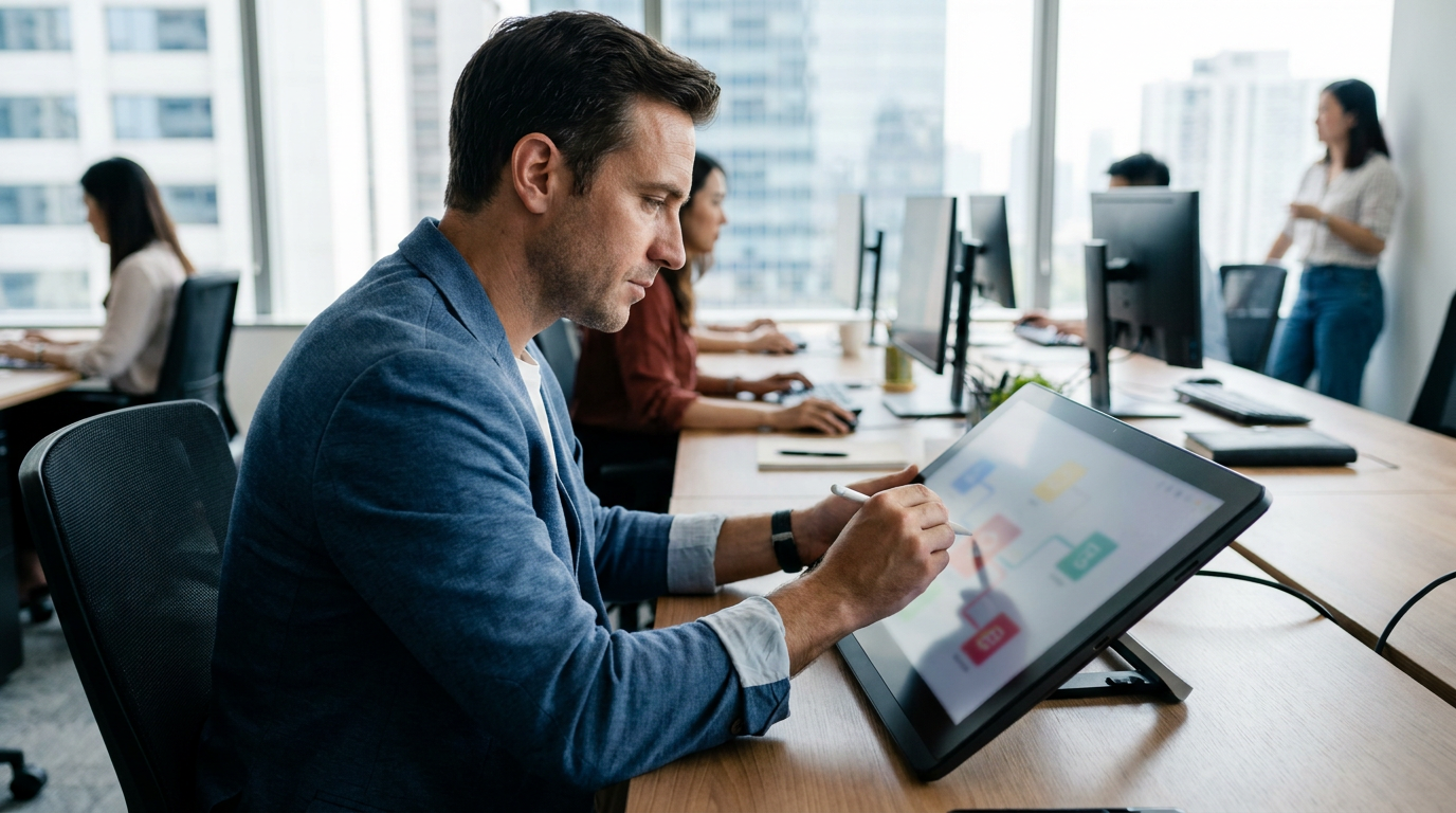 Executivo usando plataforma no-code/low-code de IA em tablet para criar solução de negócios.