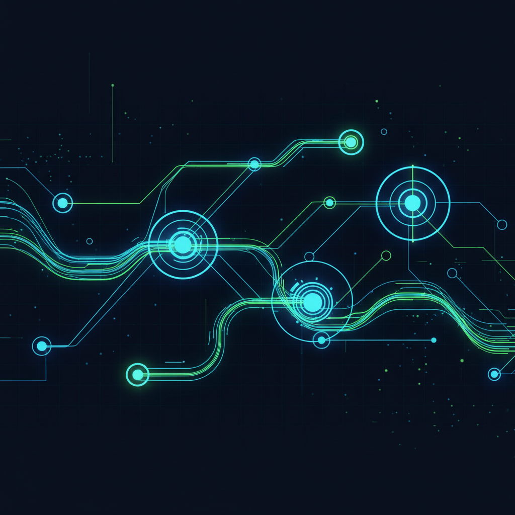 Diagrama de sistema adaptativo com fluxo de dados dinâmico e nós de decisão, ilustrando ajustes em tempo real.