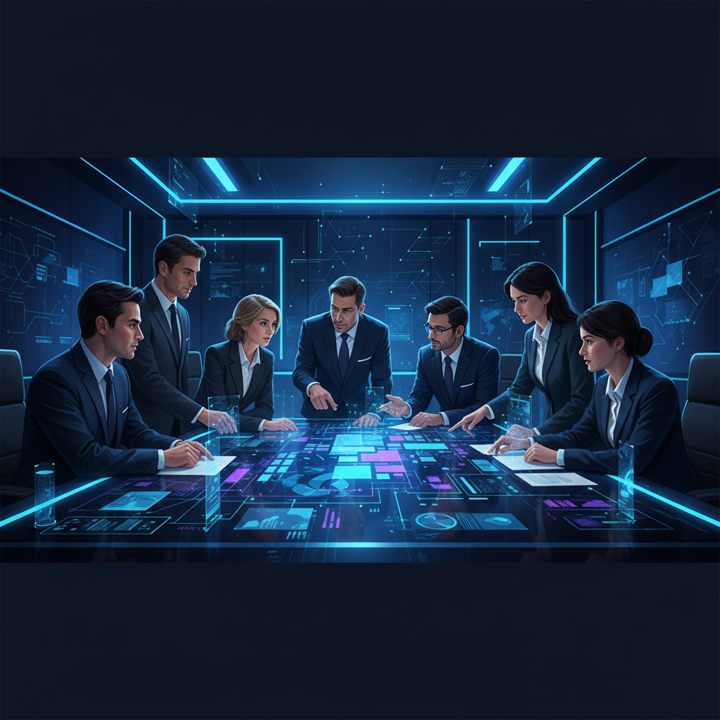 Grupo de executivos colaborando em torno de uma mesa digital interativa, discutindo estratégias de negócios e dados em um amb