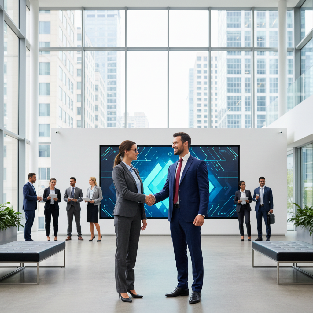 Dois executivos cumprimentando-se em um lobby de escritório moderno, representando vantagem competitiva e colaboração estraté