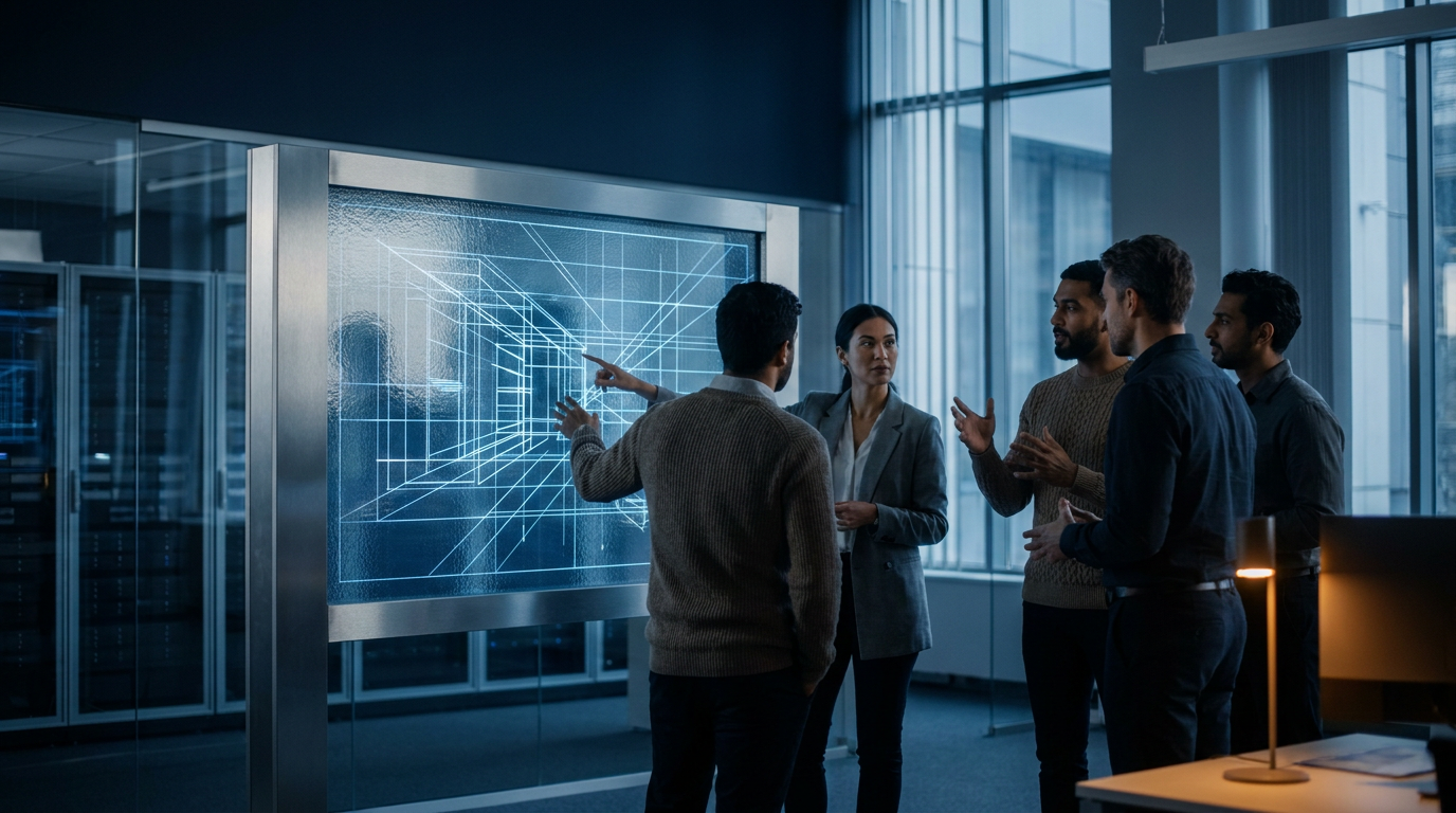 Engenheiros e analistas de negócios colaborando em um diagrama de arquitetura de software na tela.