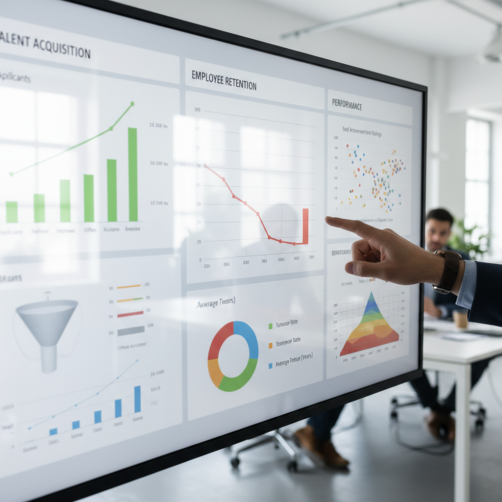Painel de controle exibindo análises de RH, com gráficos sobre aquisição e retenção de talentos.