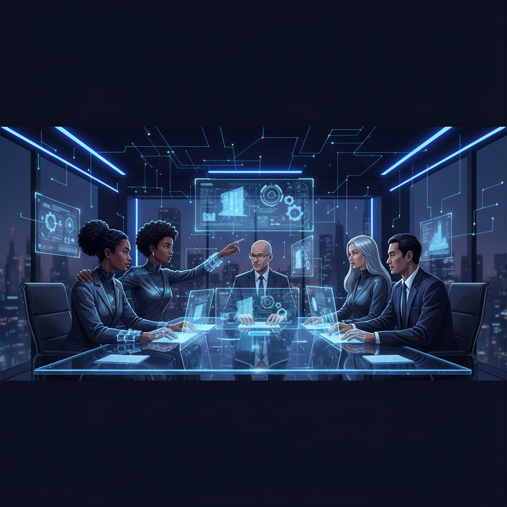 Equipe diversa de profissionais colaborando em sala de reunião moderna e iluminada.