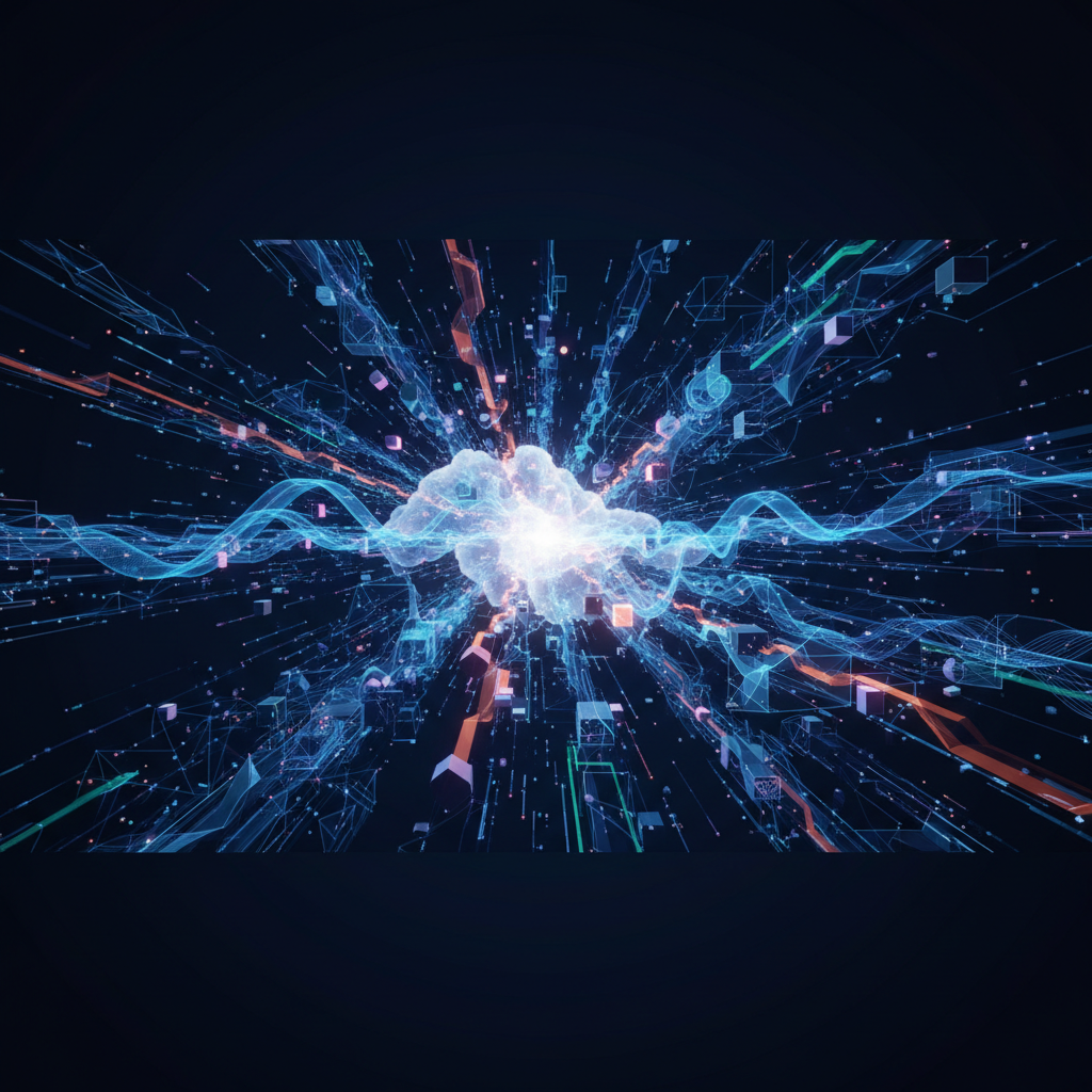 Visão conceitual de um Data Lake com diferentes formatos de dados em movimento, em tons de azul neon.