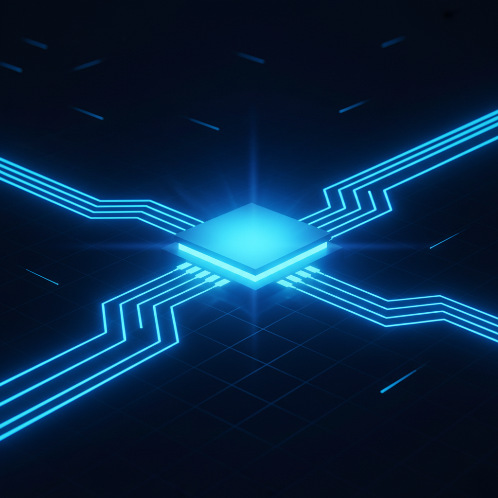 Ilustração abstrata de um fluxo de dados simplificado, onde a complexidade é abstraída por uma plataforma central brilhante,
