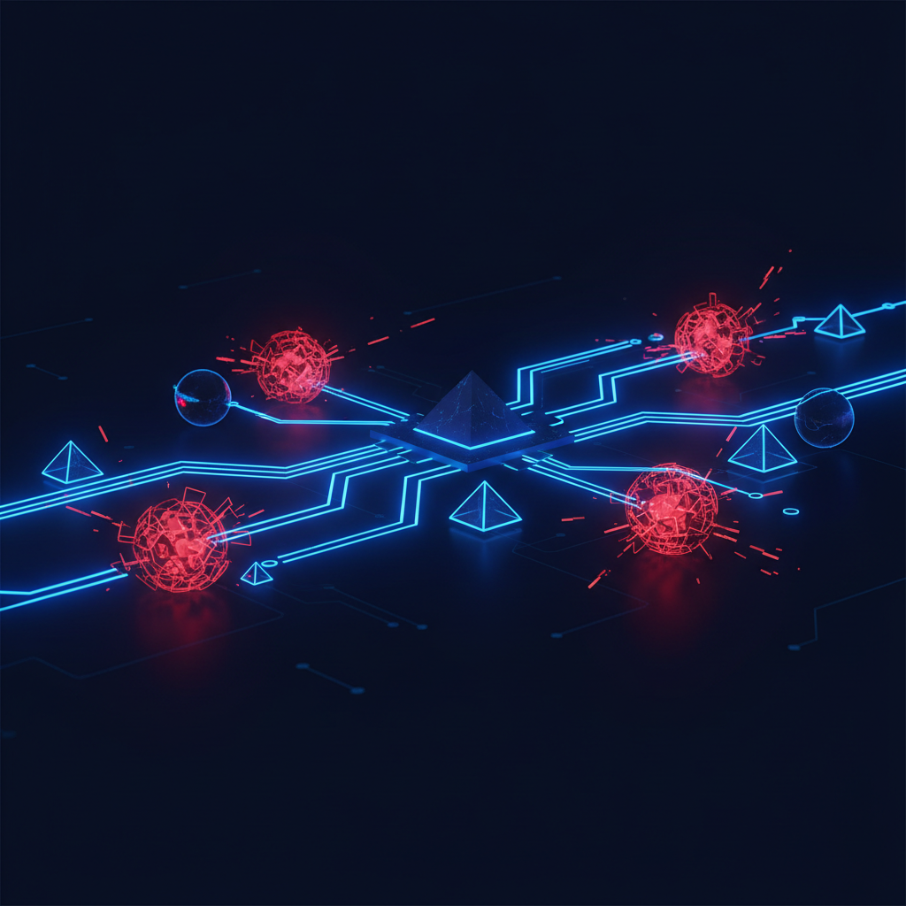 Ilustração abstrata de um fluxo de dados complexo em um sistema RAG, destacando pontos de desafio e gargalos com cores quente
