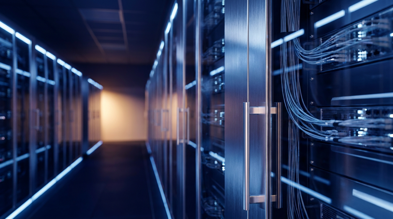 Corredor de racks de servidores em um data center, luzes azuis e roxas criando uma atmosfera tecnológica.