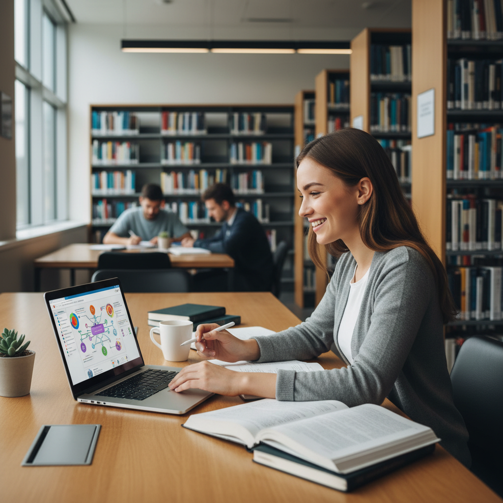 Estudante feliz e engajada interagindo com laptop em uma biblioteca universitária moderna.