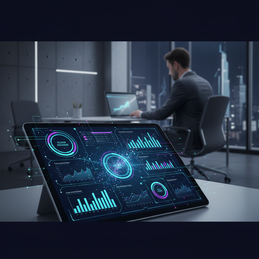 Interface de IA em tablet exibindo a gestão ágil de sinistros, com pessoa trabalhando ao fundo em escritório.