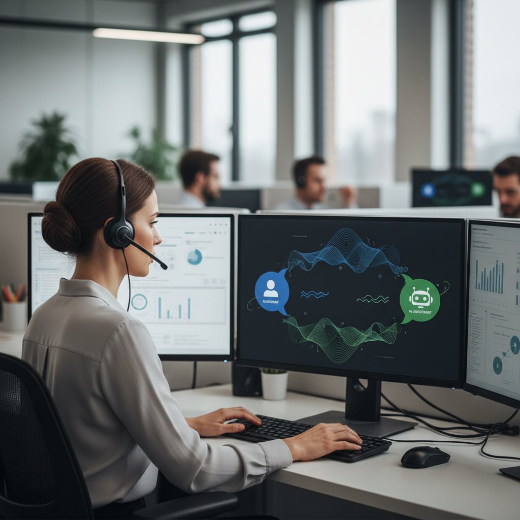 Representante de atendimento interagindo com chatbot de IA em um cenário de call center moderno.
