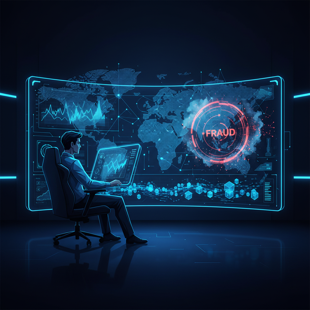 Analista de segurança cibernética monitorando dashboard de prevenção de fraudes com IA em tempo real.