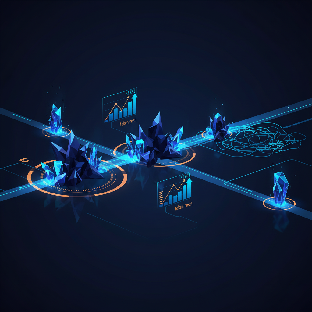 Visualização abstrata de gargalos e custos em uma rede de comunicação de agentes de IA.