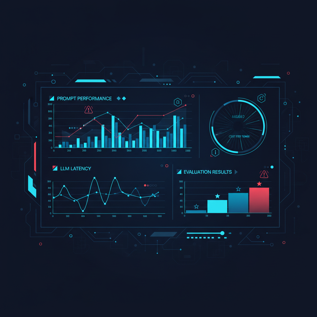 Painel de monitoramento em tempo real exibindo desempenho de prompts e métricas de LLM.