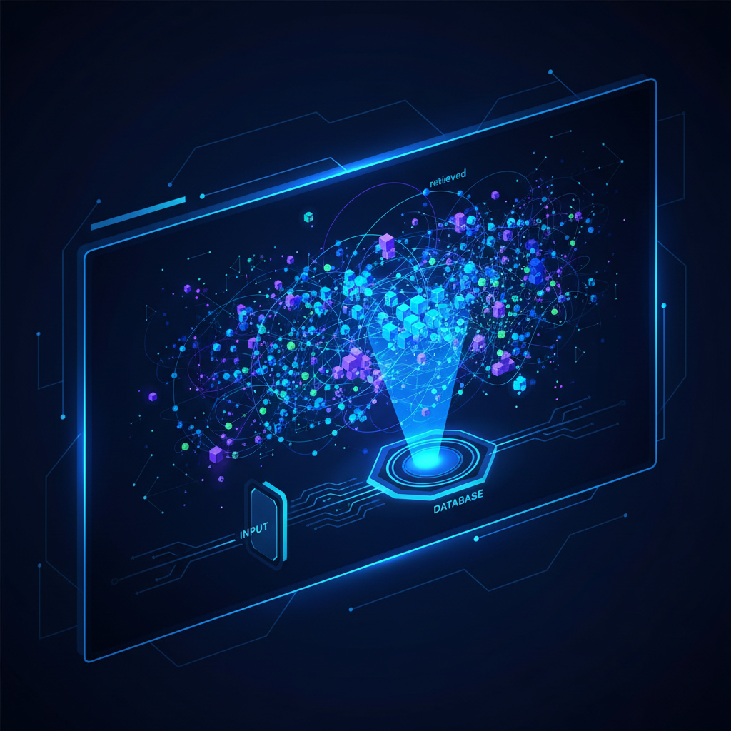 Visualização de dados complexos em tela grande, representando um banco de dados vetorial.