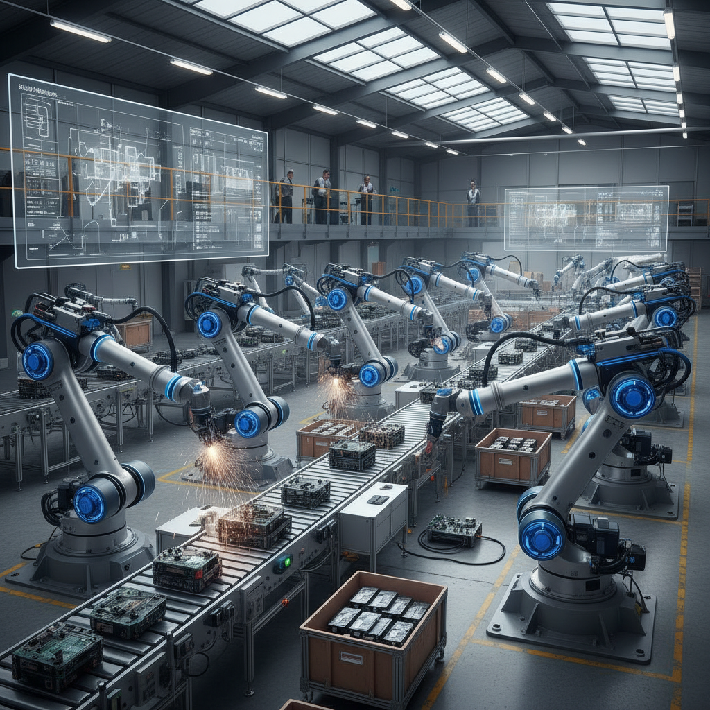 Braços robóticos autônomos em linha de produção industrial, ilustrando execução de tarefas por IA.