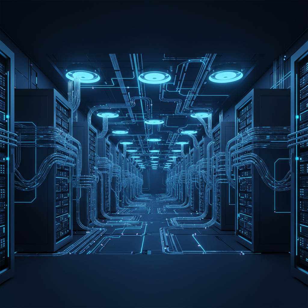 Servidores em data center futurista, representando a infraestrutura de IA em nuvem escalável.