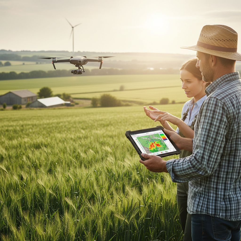 Um agricultor utilizando um tablet para monitorar a saúde das plantas, com um drone sobrevoando os campos em segundo plano, i