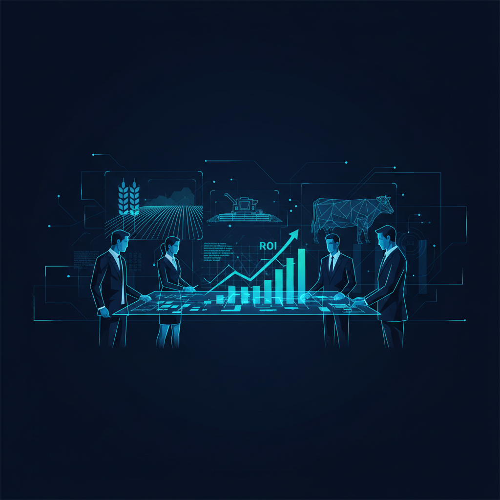 Executivos em um escritório moderno analisando gráficos financeiros que exibem crescimento e ROI, com imagens agrícolas em se