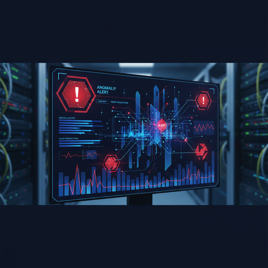 Tela de computador exibindo um painel de detecção de fraude alimentado por IA com alertas de anomalias.