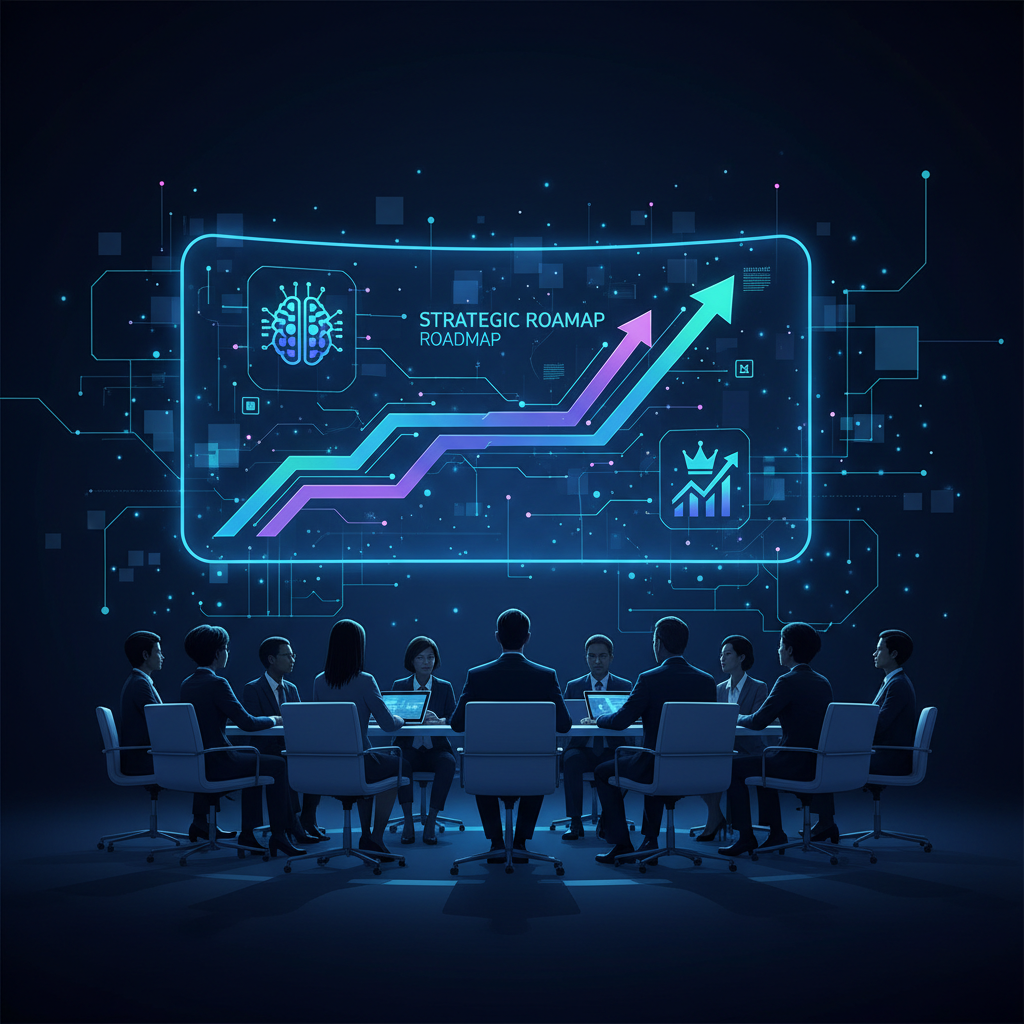 Grupo de executivos em sala de reunião analisando roadmap de transformação digital com IA.