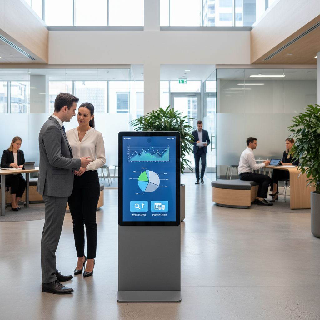 Um quiosque digital moderno em uma agência bancária, exibindo opções para análise de crédito e planos de pagamento, com pesso