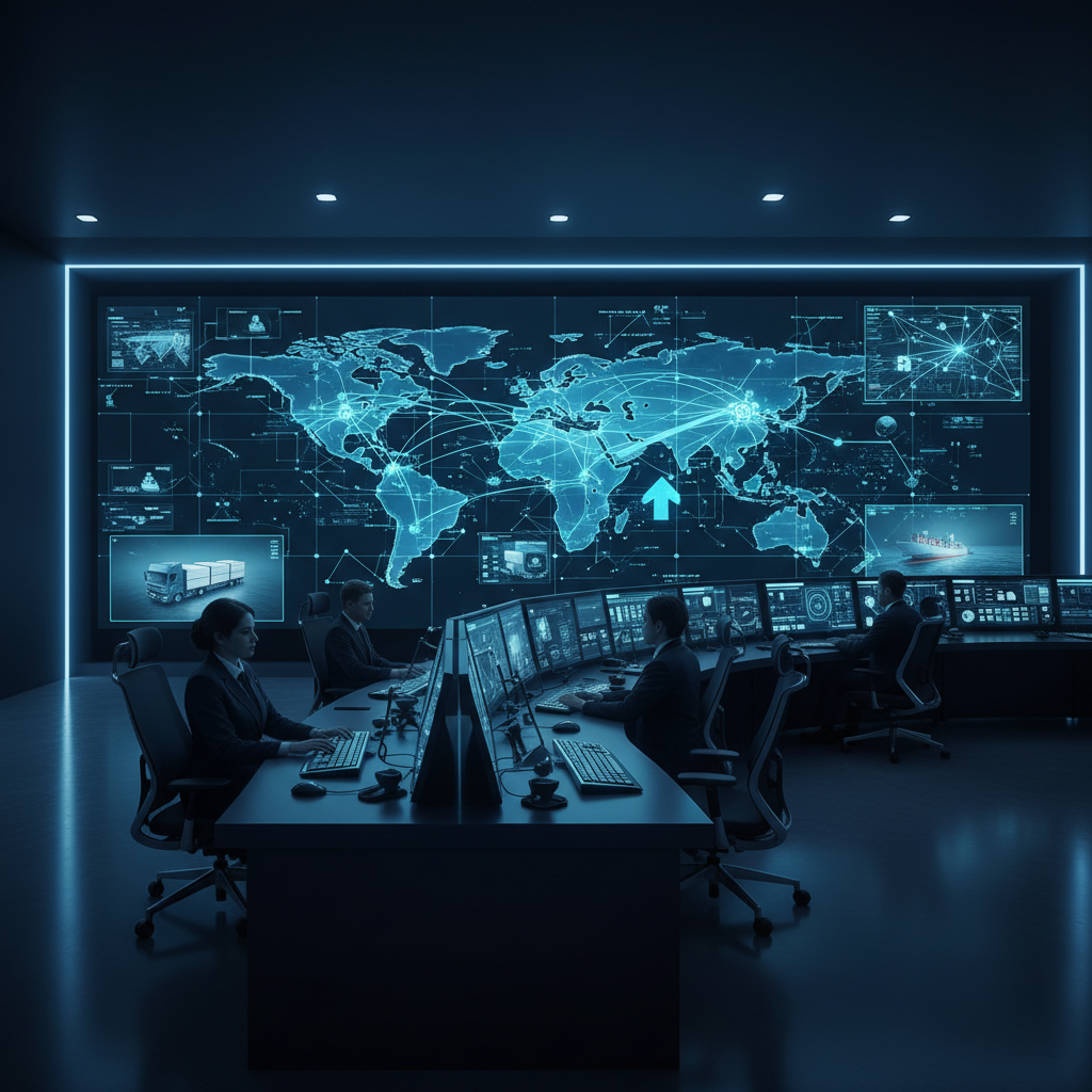 Centro de controle logístico moderno com telas exibindo otimização de rotas e rastreamento de entregas por IA.