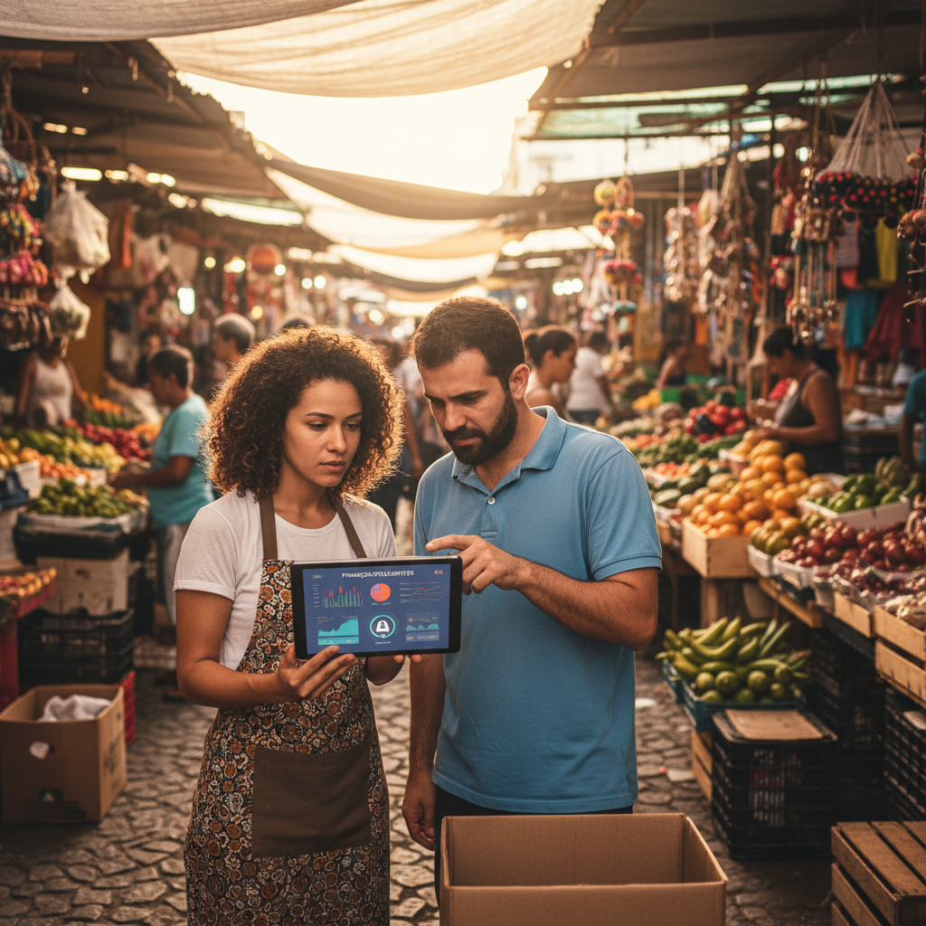 Pequenos empreendedores usando tablet com aplicativo financeiro de IA em mercado informal movimentado.