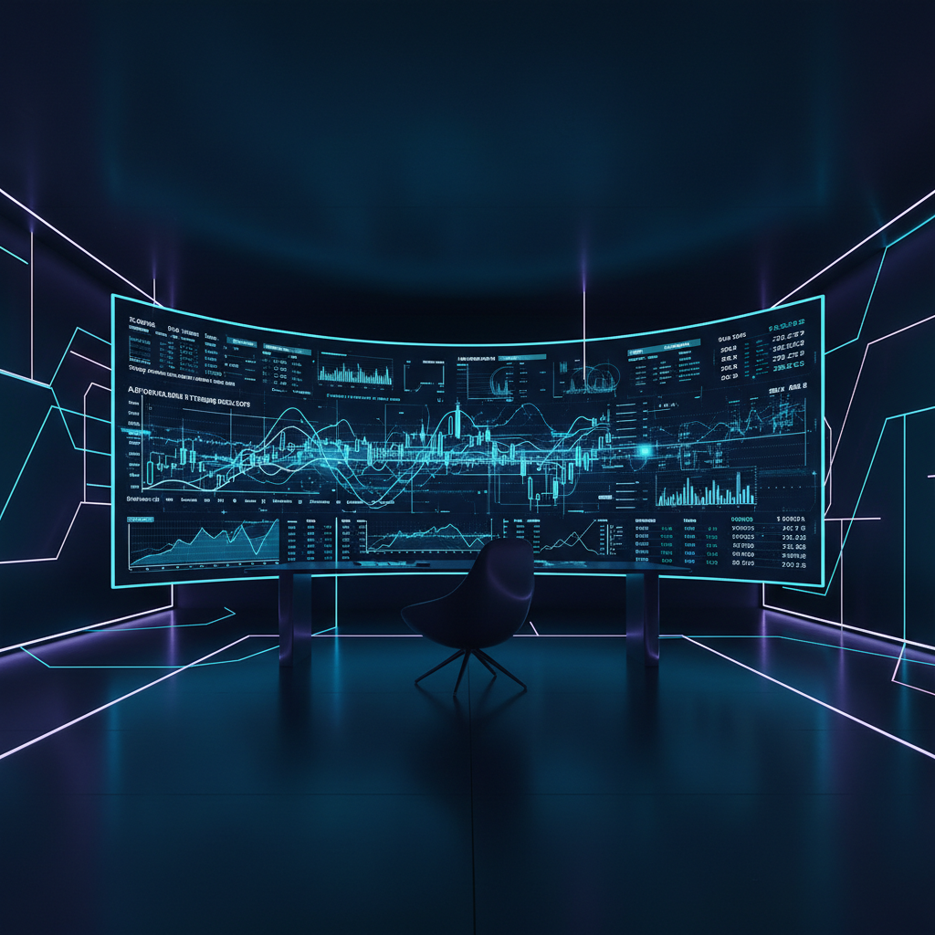 Painel financeiro de alta tecnologia com modelos de trading e dados de mercado em tempo real.