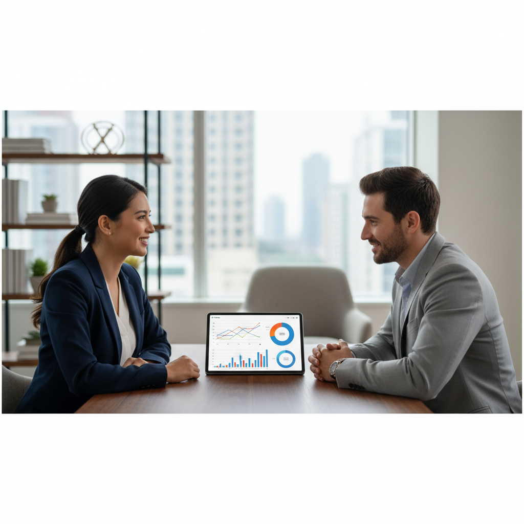 Assessor financeiro interagindo com cliente, exibindo perfis de investimento personalizados em tablet.