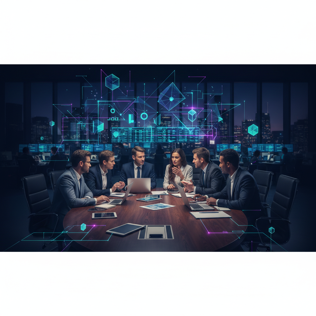 Equipe de profissionais financeiros colaborando em uma mesa, com foco em produtividade e automação.