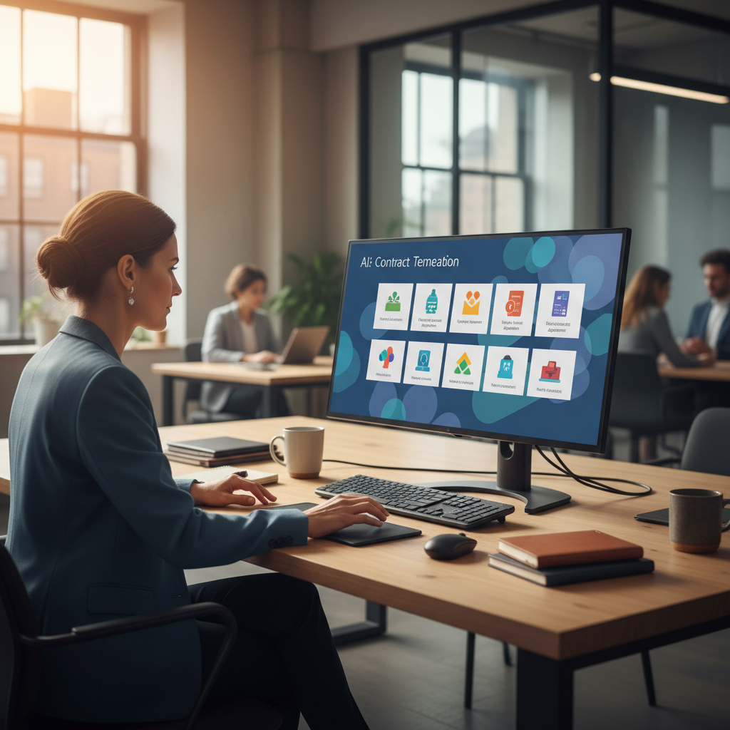 Profissional jurídico usando software de IA para gerar contratos em um escritório.