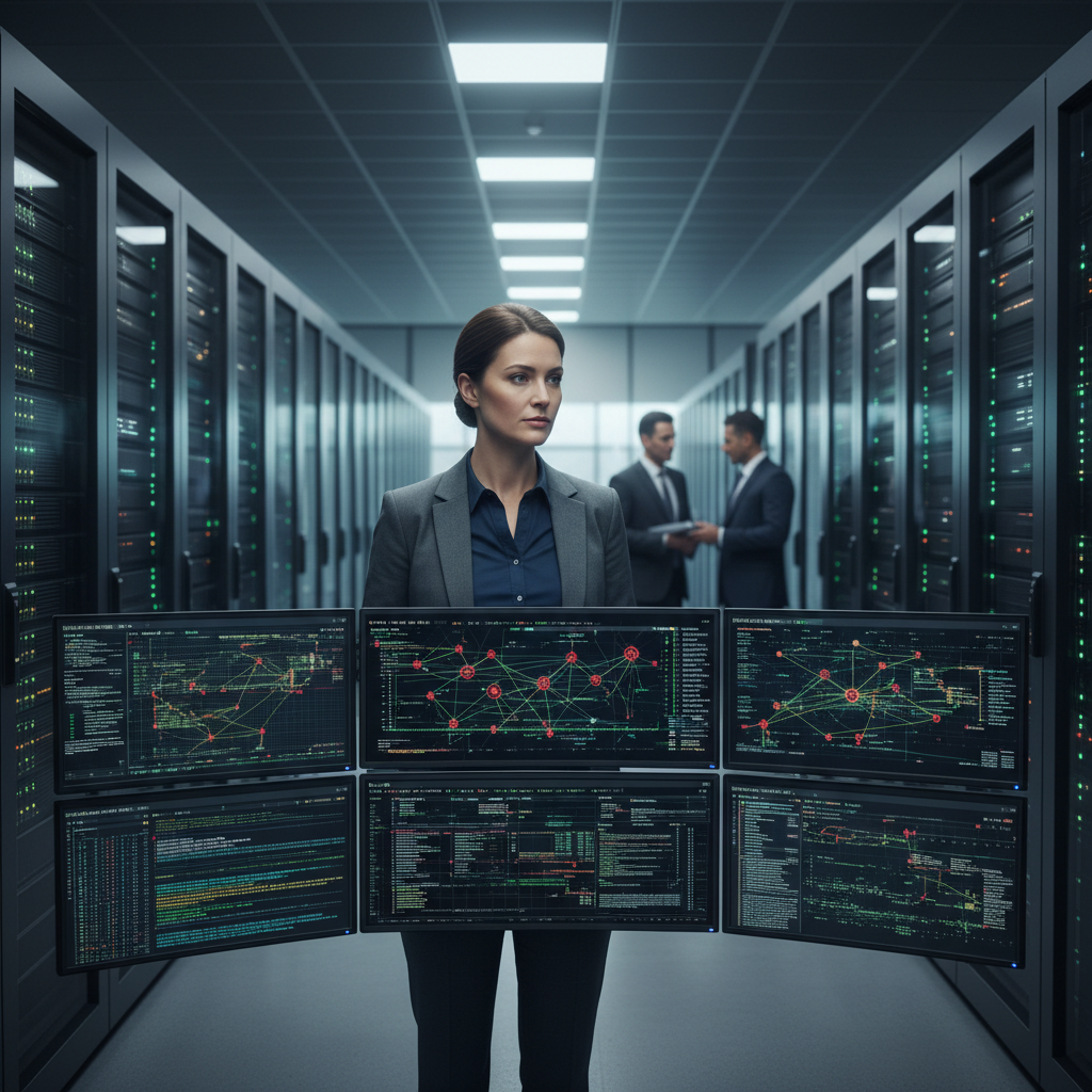 Especialista em cibersegurança monitorando múltiplas telas com gráficos de rede e alertas de ameaças em um data center.