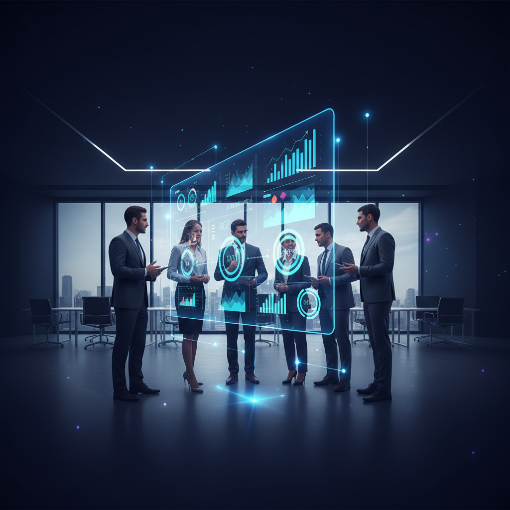 Equipe diversa de profissionais colaborando em um escritório moderno, analisando um painel com KPIs e métricas de ROI.