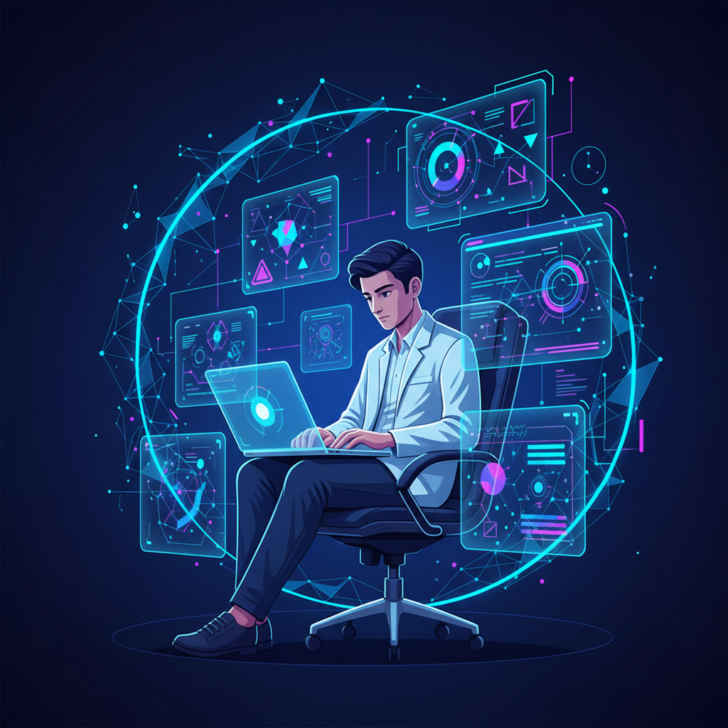 Cientista de dados trabalhando em seu laptop com modelos de Machine Learning em várias telas, em um escritório moderno.