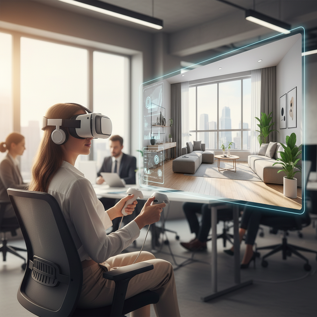 Pessoa utilizando óculos de realidade virtual para explorar um apartamento virtualmente, demonstrando a personalização da exp