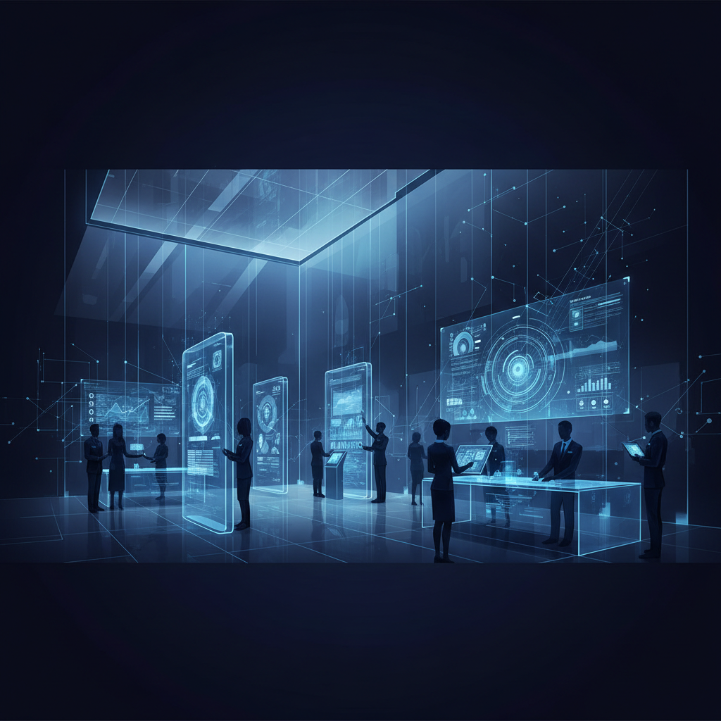Lobby de banco moderno com clientes e funcionários, quiosques digitais de atendimento à frente.