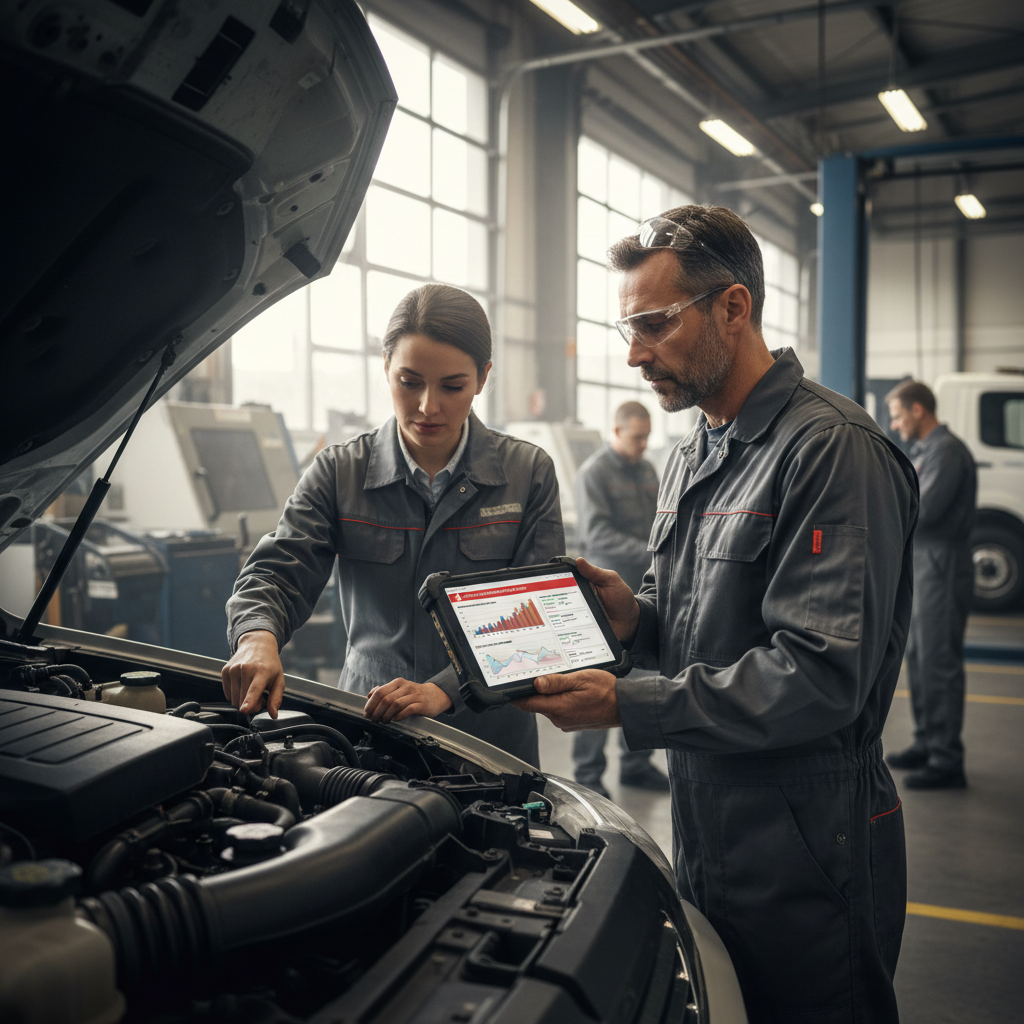 Mecânico inspecionando motor de veículo com um tablet mostrando dados e alertas de manutenção preditiva.
