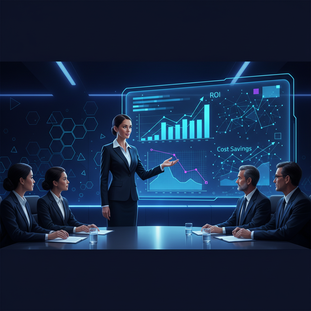 Executivo financeiro apresentando um relatório de ROI e economia de custos para o conselho de diretores.
