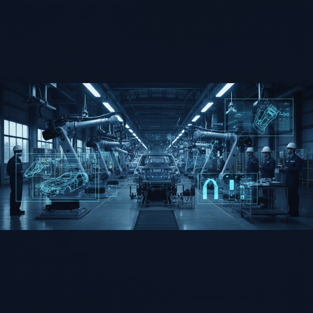 Robôs industriais em fábrica automotiva, com sobreposição de dados de sensores monitorados por IA.