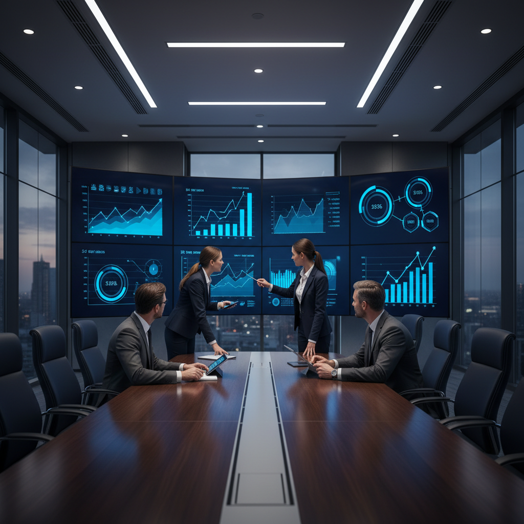 Executivos analisando gráficos de performance de investimento e redução de custos com IA em manutenção.
